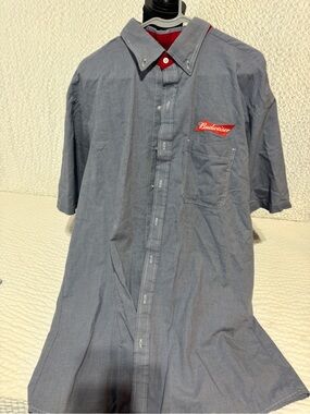 Finity Men's Short Sleeve Button-Down Shirt in Blue with Red Patch Budweiser